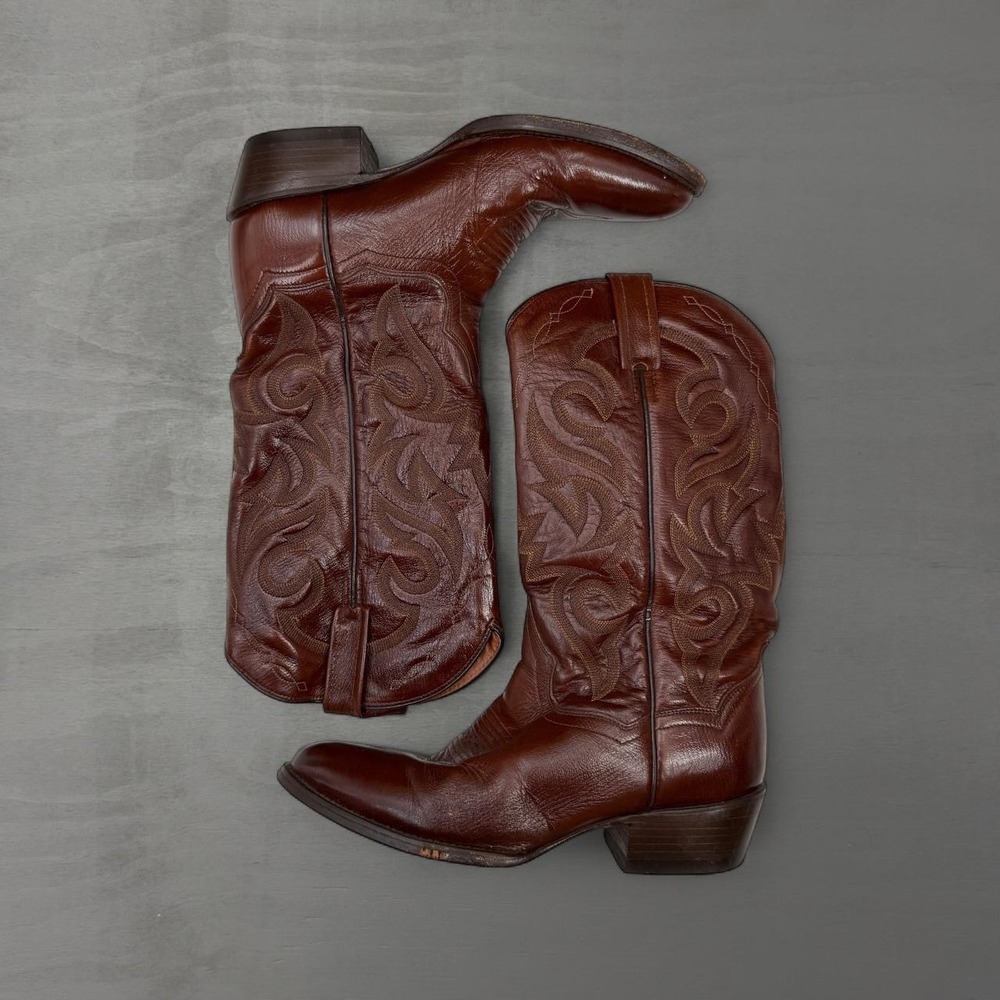 Vintage Dan Post Cowboy Boots Cognac Brown Leather Western Stitched 7.5 D